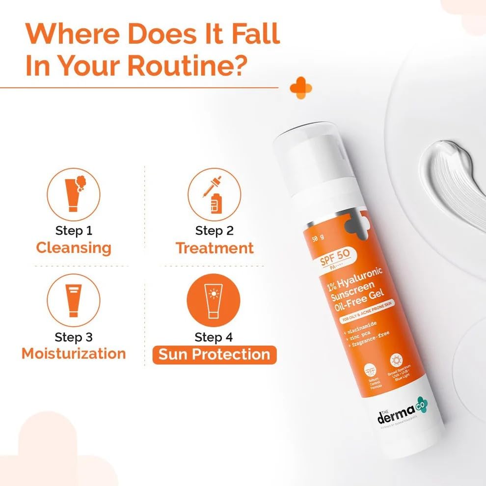 Image of The Derma Co 1% Hyaluronic Sunscreen Oil-Free Matte Gel SPF 50 PA++++ | For Oily, Acne-Prone Skin | Lightweight Texture | No White Cast | Broad Spectrum Protection & Blue Light Protection | Non- Comedogenic | Clinically Tested - (In -Vivo) | Tan Protection | Anti-Pollution Factor | Photostable | Water & Sweat Resistant | For Men & Women | 50 g x 2
