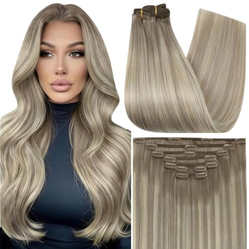 Full Shine Clip in Extensions Real Human Hair, Grey to Blonde, 20 Inch