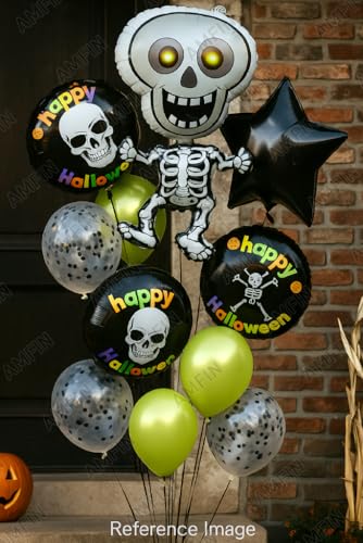 Image of AMFIN (Pack of 11) Halloween Skeleton Balloon Decoration Party Kit with Skeleton Foil Balloon, Happy Halloween Balloons, Green Chrome Balloons, and Black Confetti Balloons - Spooky Party Supplies