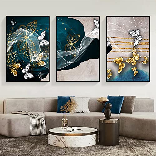 Poster papillon doré abstrait 70x100 cm : lot de 3 toiles murales géométriques sans cadre