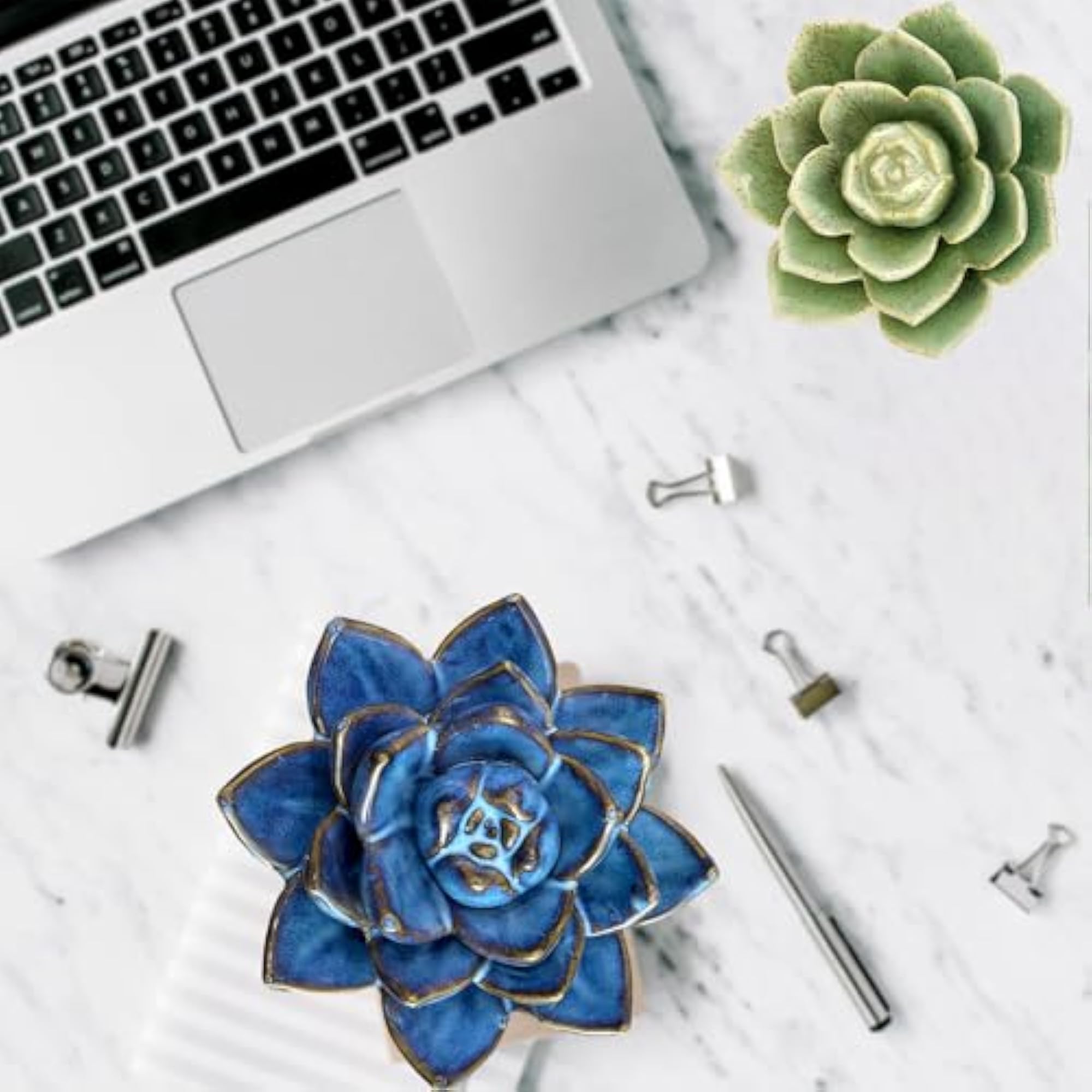 Ceramic Succulent Flower Table Centerpiece, Blue