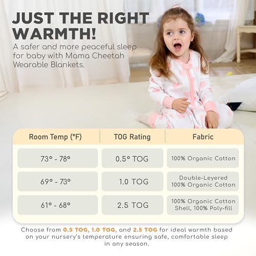 Image of Mama Cheetah Toddler Sleep Sack with Feet, Long Sleeve 0.5 TOG Organic Cotton Baby Sleeping Bag with Legs, Wearable Blanket for Walkers w / 2-Way Zipper, Toddler Blanket for Girls & Boys 4-5T