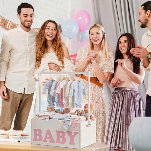 Image of Suzile Baby Shower Basket Wooden Crate Closet Storage with Handle Baby Registry Hamper Pregnancy Gift for New Parent(Moon, Stars, Clouds,White)