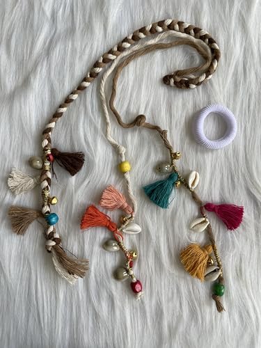 Image of Zippy Flora Boho Handmade Colorful Hair Strings for Navratri /Ethnic Look /Bohemian Styling, Colorful Braided Hairband, Thread Hair Accessories & Extensions (Full Length (20-22inch), Brown)
