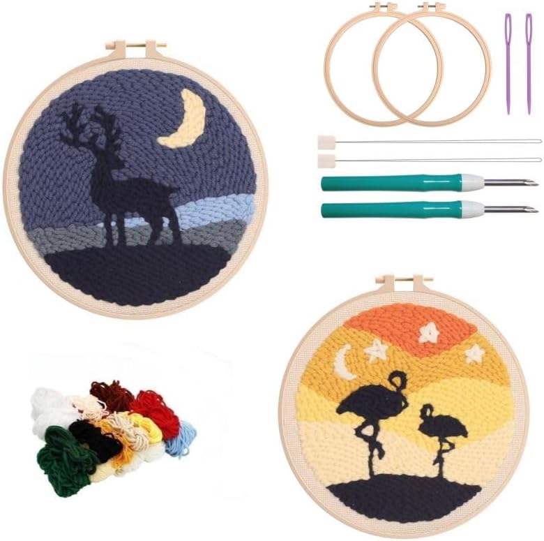 2 Pack Easy Punch Needle Embroidery Moon Light Deer Starter Kits for Kids and Adults Beginners with Punch Needle Tool,Threader, Stamped Fabric Embroidery,Hoop,Pen, Punch Needle Kits