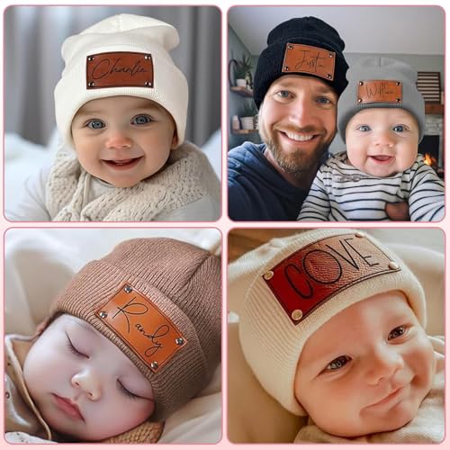 Personalized Toddler Beanie Hat - Custom Name Leather Patch Baby Knit Hats, Navy Blue Winter Knit Hats for Newborn Kid Adult2