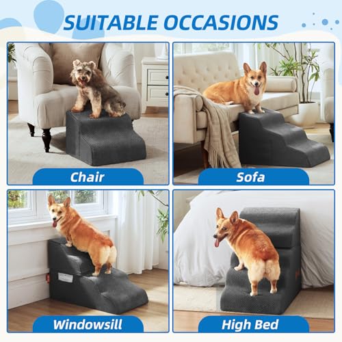 Dog Stairs 3-Step for Small Dogs and Cats to Get on Bed and Furniture/Windows, Pets Can Climb, Sit, or Perch to Look Out Windows, Extra Wide Dog Steps, Non-Slip Waterproof Fabric Cover, Grey（15.7" H） — view 5