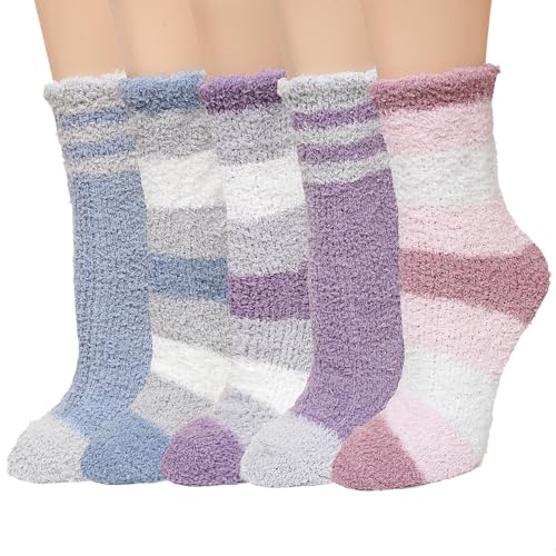 LOFIR Women Fluffy Bed Socks: Thermal Thick Winter Bedsocks - Warm Fleece Fuzzy Soft Cosy Funny Novelty for Ladies Girls Christmas Party Gifts Stripes 5 Pairs 3-8