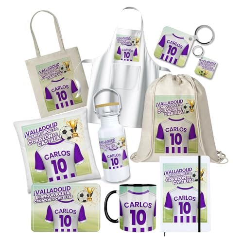 Kembilove® Pack Regalo Personalizado Valladolid Fútbol | Regalo Único Fan Valladolid Nombre Número | Souvenir Oficial Equipo Valladolid Regalo Fútbol para Aficionados Leales del Club Pucelano