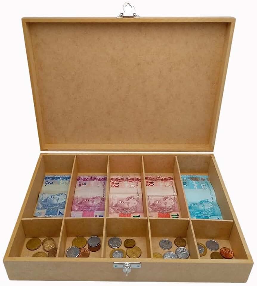 Caixa Organizadora Dinheiro Mdf Cédulas E Moedas com Fecho 5 Divisórias, Ideal para Estabelecimentos Comerciais de Diversos Segmentos