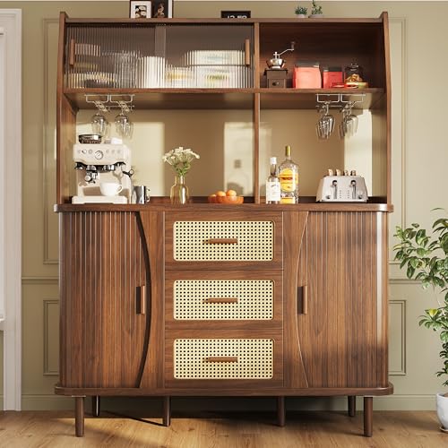Buffet Cuisine 140x175 cm (BxH), Haut Armoire de Cuisine, Vaisselier avec Portes Coulissantes, avec Plans de Travail et 3 Rattan Tiroirs, Meuble de Rangement,...