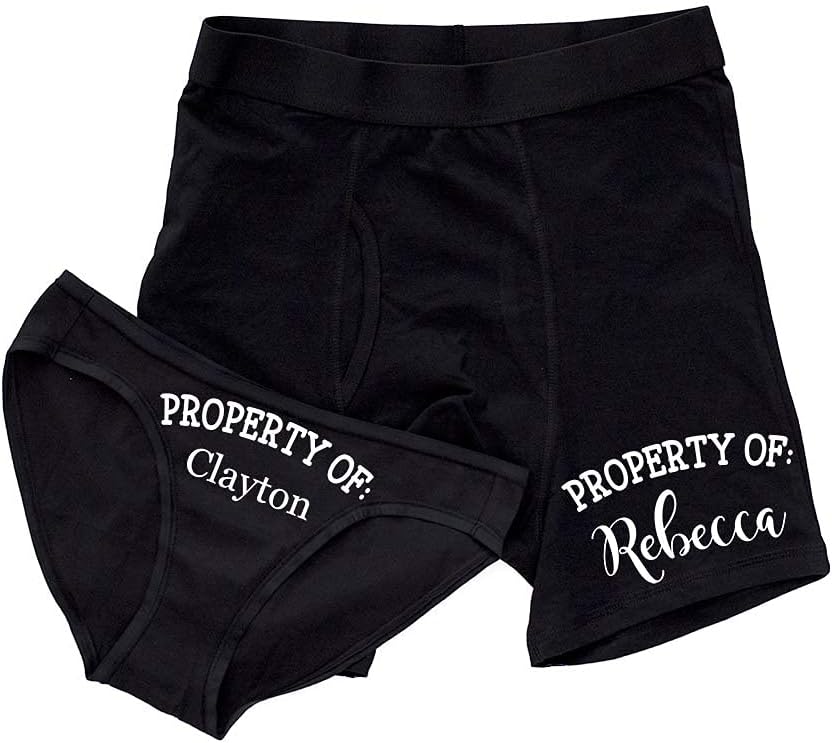Property Of Underwear, Personalized Couples Underwear, Black Boxer Briefs and Bikinis, Set of 2