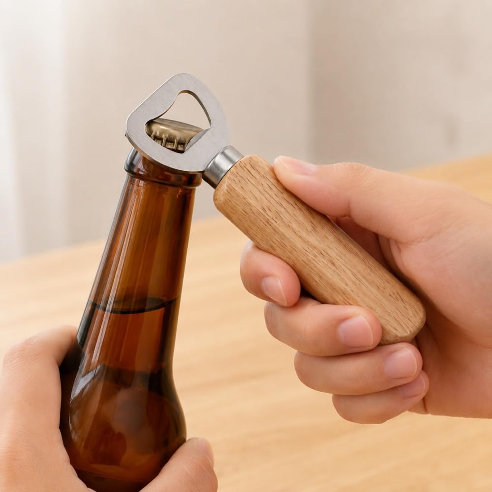Bottle Opener Wooden Handle Stainless Steel Head Classic Ergonomic Cap Opener for Home Kitchen Picnic Bar Beverage Use, silvery