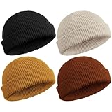 SATINIOR 4 Pieces Trawler Beanie Watch Hat Roll up Edge Skullcap Fisherman Beanie Unisex (Black, Khaki, Dark Caramel, Beige)