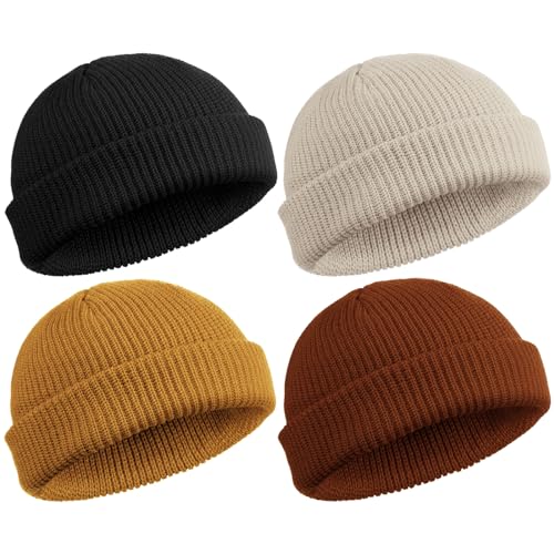 SATINIOR 4 Pieces Trawler Beanie Watch Hat Roll up Edge Skullcap Fisherman Beanie Unisex (Black Khaki Dark Caramel Beige)