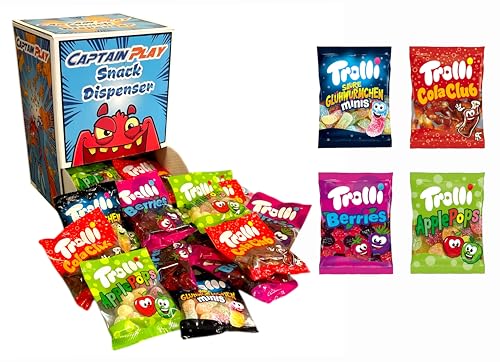 CAPTAIN PLAY Candy Snack Dispenser mit Trolli Süßigkeiten Mix, 40 Beutelchen einzeln verpackt mit 4 Sorten, 800g Trolli Süßigkeiten Box