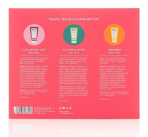 Q+A Travel Trio Body Care Giftset, containing a Hyaluronic Acid Body Wash, AHA Exfoliator Body Scrub - Image 3