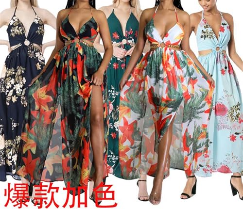 Image of Qikaka Women's Sleeveless Deep V Neck Floral Printed Metal Chain Bodycon Sexy Nightclub Party Boho Dress
