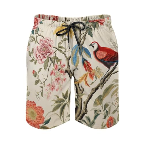 Mens Swim Trunks with Mesh Lining Flowers and Birds Beach Shorts Quick Dry Drawstring Board Shorts with Pocket