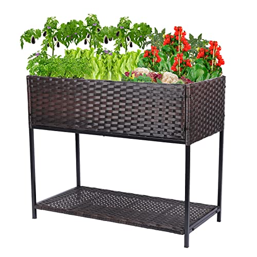 Chonsun Raised Garden Bed - Rattan Raised Bed Wicker Elevated Raised Garden Bed With Underneath Tool Storage Rack Outdoor Raised Planter Box For Vegetables Grass Lawn Yard, 30 X 18 X 36 In, Brown #TOP7