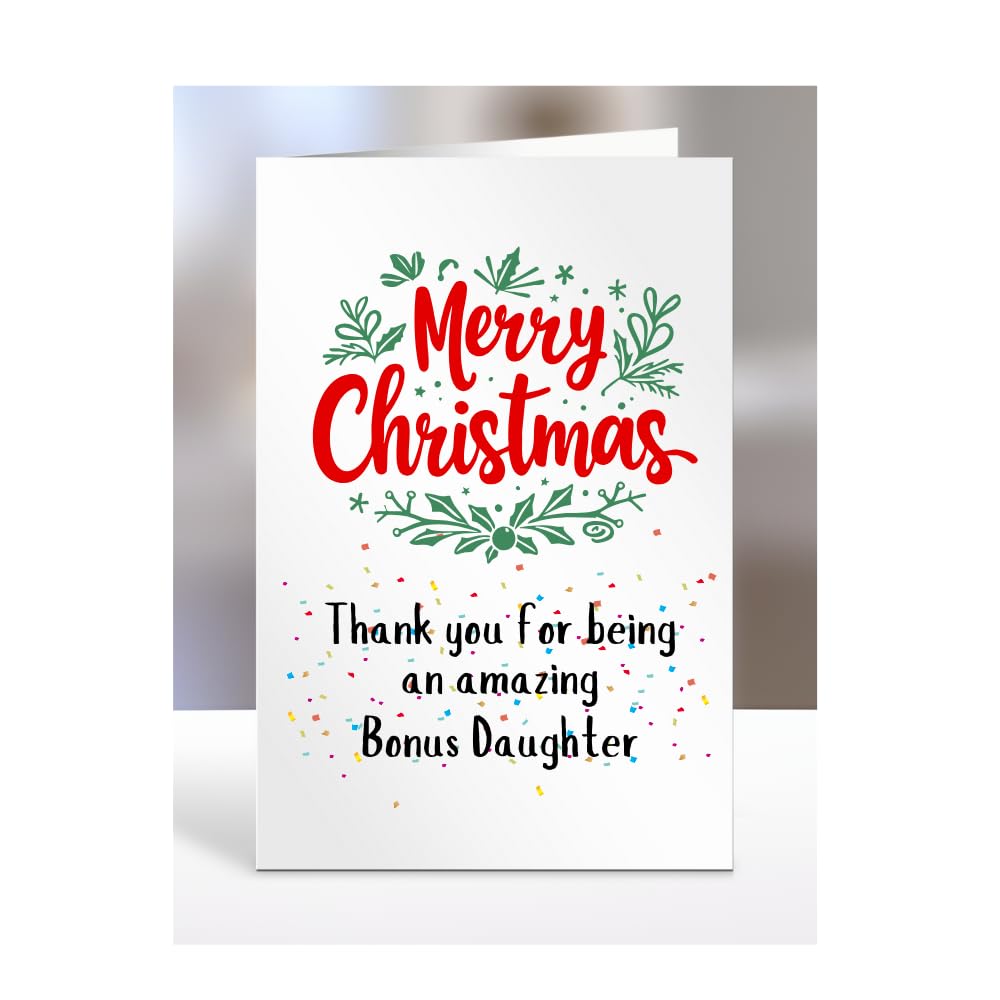 Merry Christmas, Thank you for being an amazing Bonus Daughter card, gifts for men, women, him, her, boy, girl, female, male, presents, secret santa, from, A5-248_27