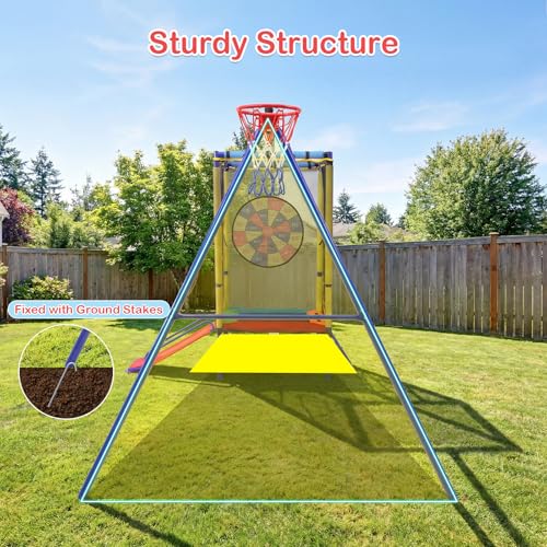 OLAKIDS Swing Sets for Backyard, 6 in 1 Outdoor 440LBS Heavy Duty A-Frame Metal Stand with Trampoline, Slide, Saucer Swing, Belt Swing, Dartboard, Basketball Hoop for Kids Family Fun