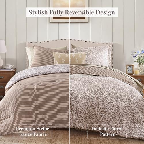 Image of BLOOMHAVEN Full Comforter Set - 7 Pieces Dark Brown Bedding Sets for All Seasons, Lightweight Breathable Bed in a Bag Full with Revesible Farmhouse Comforter, Sheets, Pillowcases & Shams