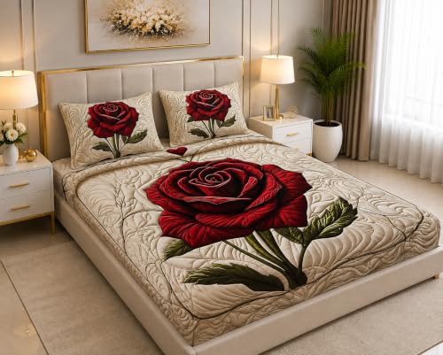 Image of 7D Digital Printed King Size Bedsheet | 240TC Premium Cotton Feel Microfiber with 2 Pillow Covers | Soft Breathable & Wrinkle Free Bedding Set | (Rose, King Size-90x100 Inch)