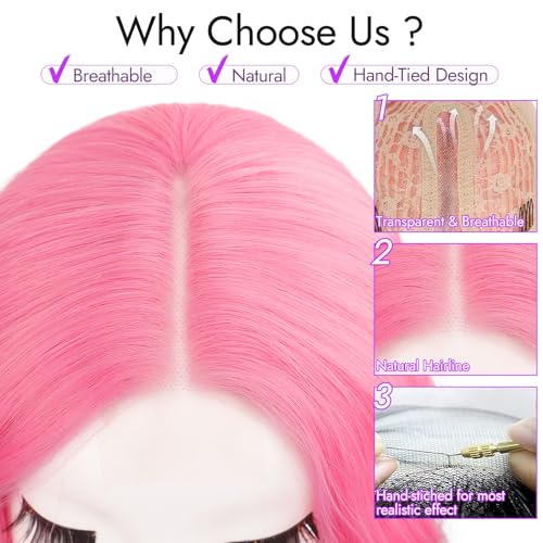 Image of Eawwii Wigs for Women Pink,Short Wavy Synthetic Lace Wig | Glueless 4x1 Lace Hairline, Heat-Resistant Fiber,Bob Wave Style,Natural Appearance for Everyday Cosplay 14 Inch