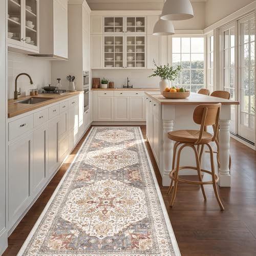 Tortania Area Rug 3x10 Runner Rugs - Washable Vintage Oriental Farmhouse Thin Indoor Carpet for Living Room Bedroom Hallway Entryway Kitchen Under Dining Table Home Office - Orange Multi
