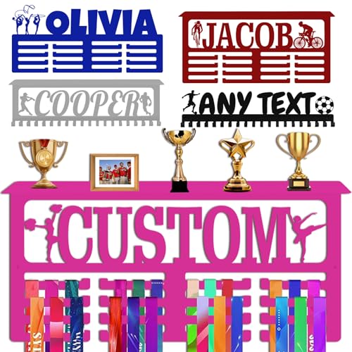 Xiuyours Pink Personalized Medal Holder with Name Shelf Custom Hanger Display for Awards Ribbons Wall Gymnastics Runners Boys Girls Kids Customized Gift Sports Display Metal Medal Rack