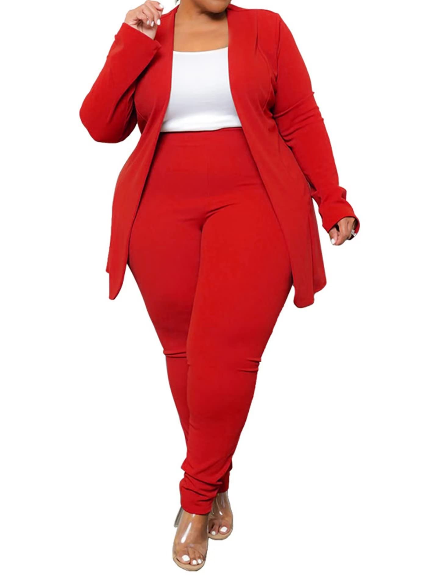 IyMoo Womens Plus Size Two Piece Open Front Long Sleeve Blazer and Elastic Waist Solid Pant Set Suit