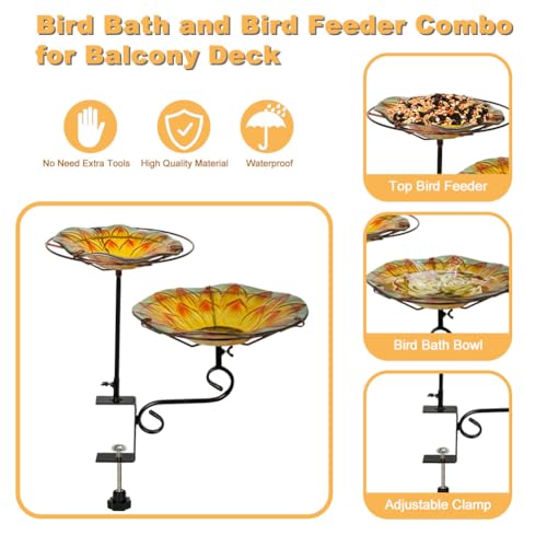 teyigarden Banheira para pássaros montada no deck 2 em 1 para tigela externa de vidro para pássaros