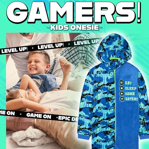Get Trend Schlafoverall Kinder & Teenager, Fleece Pyjama Overall mit Kapuze, Gamer Onesie Schlafanzug, Geschenk für Jungen (11-12 Jahre, BAU Gaming)