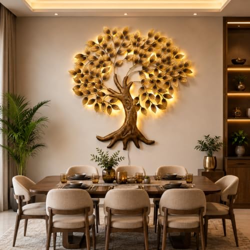 Image of Bharat Art Metal Big Tree Wall Art with LED Light Handcrafted Iron Wall Hanging for Living Room Bedroom Hall Office Entrance | Zora Tree B Golden 45 x 2 x 45 Inch | WD111 (B)