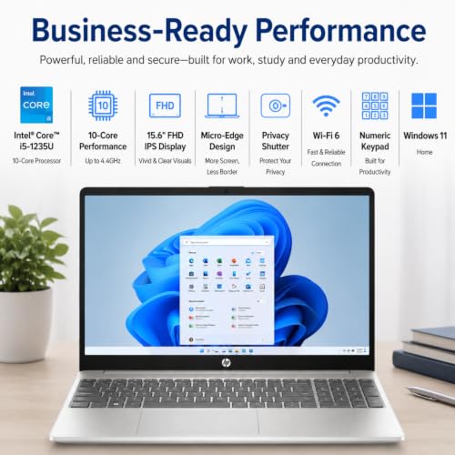 Image of HP 2026 Edition Business Laptop, 15.6 inch Micro-Edge FHD IPS Display, Intel Core i5-1235U (10-Core, Up to 4.4GHz), 16GB RAM, 512GB PCIe SSD, Privacy Shutter, Wi-Fi 6, Numeric Keypad, Windows 11