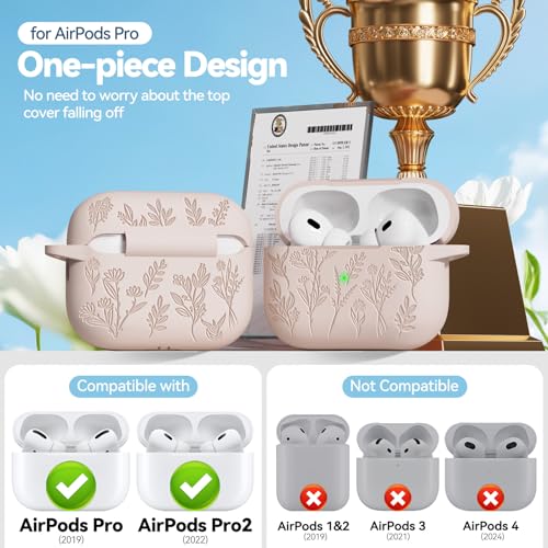 Image of Flower Engraved Case for Apple AirPods Pro 2nd /1st Generation, Soft Silicone AirPods Pro 2 Gen Protective Case Cover for Women Airpod Case with Clean Kit,Carabiner,Front LED Visible,Sand Powder