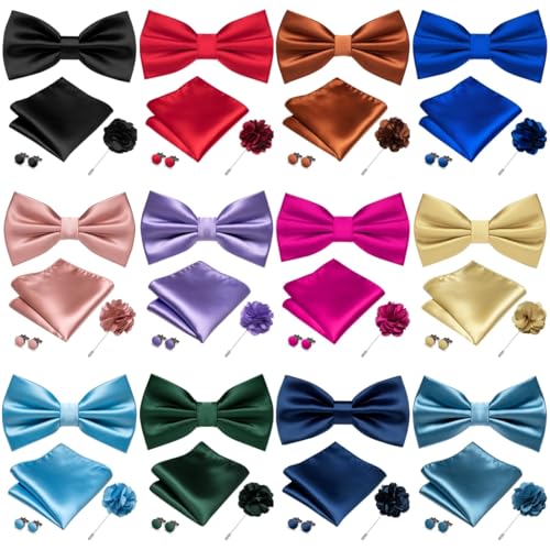 Image of RBOCOTT Solid Color Bow Tie and Pocket Square with Lapel Pin Cufflinks Set 4PCS