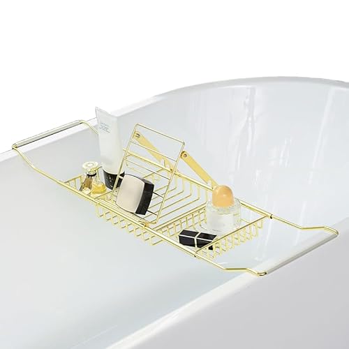 Iuseike バスタブトレー バスタブトレイ、引き込み式、 お風呂 テーブル 伸縮式 ステンレススチール、防カビ/防錆/滑り止め、耐久性 スカンジナビアデザイン、組み立て不要、すべてのバスタブに適しています (ゴールド + ブックシェルフ) [並行輸入品
