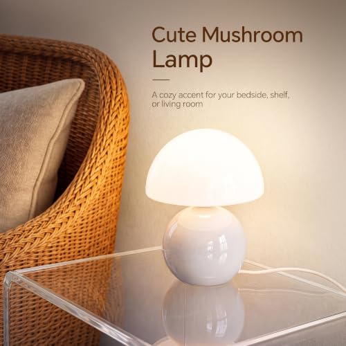 Image of Dawnwake Mushroom Lamp Table Lamp for Bedroom-Small Desk Table Lamps,White | 8.7 inch Mid Century Modern Table Lamps for Living Room Bedroom Decor,Cute Ceramic Lamps for Mushroom Home Room Decor,Glass Shade