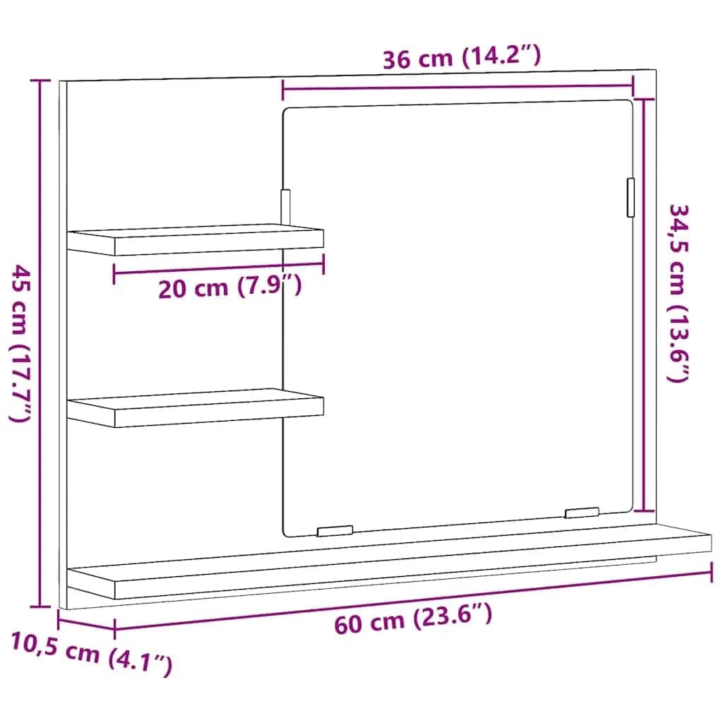 Lustro łazienkowe Sonoma dąb z drewna i akrylu, 60 x 10,5 x 45 cm, wiszące z 3 półkami na umywalkę, łazienkę, umywalkę i toaletę dla gości z miejscem do przechowywania