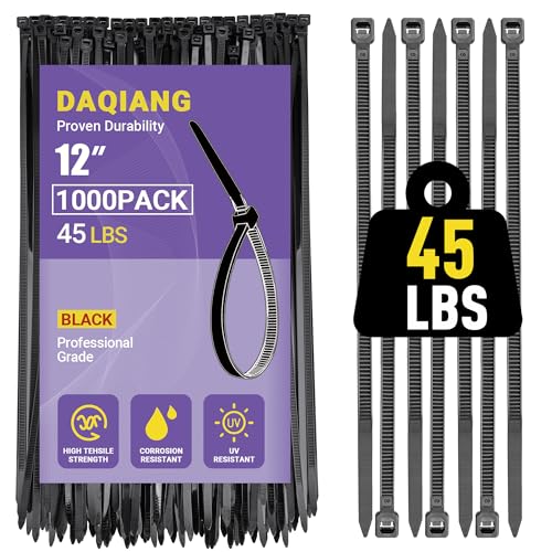 DAQIANG 12 Inch Zip Ties (100 Pack) - 45 lb Tensile Strength Black Self-Locking Nylon Cable Ties for Indoor & Outdoor Use