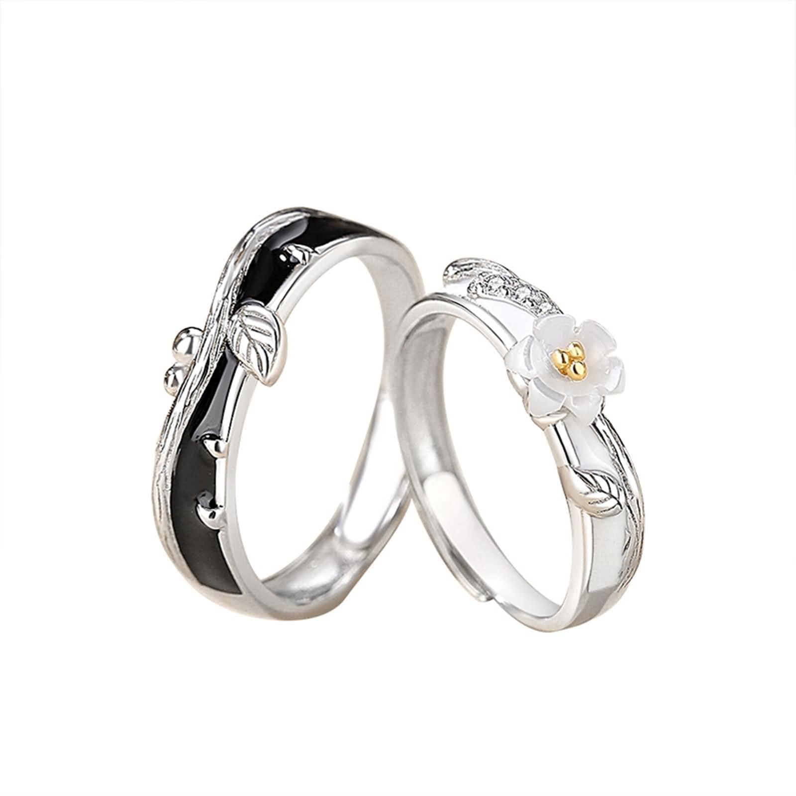 Bague fiançailles couple argent 925 ciselé flore - 8