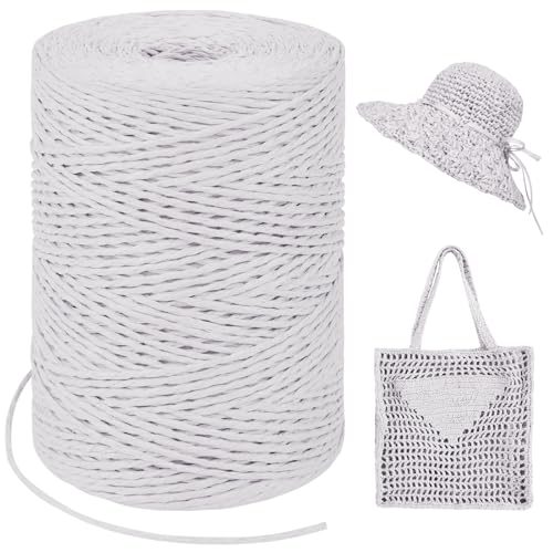 Image of White Raffia Yarn for Crochet Bags, 1.5mm x 328 Yards Round String Raffia Ribbon for Gift Wrapping, Raffia Paper Ribbon Yarn for Crocheting Sun Hat, Bag, DIY Crafts, Holiday Decoration