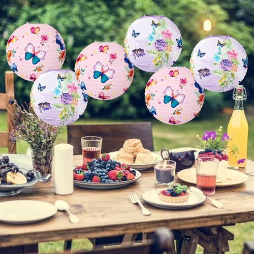 Image of Butterfly Paper Lanterns Butterfly Hanging Decorations Round Pink Paper Lanterns Ceiling Decorations for Birthday Baby Shower Theme Party Supplies Room Decor