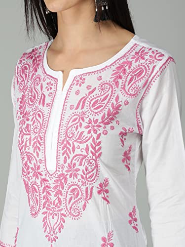 Image of Seva Chikan Hand Embroidered Lucknowi Chikankari Regular Straight Cotton Kurta Kurti for Women SCL4243
