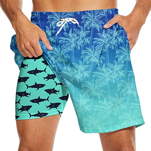 Kybate Hawaiian Men Swim Trunks With Compression Liner Shark Board Shorts Palm Trees Beach Shorts Bathing Suit #TOP7