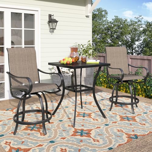 PHI Villa 3 Piece Outdoor Bar Set, Counter Height Patio Bar Bistro Table and Swivel Bar Stools Chairs with All Weather Brown Textilene Fabric for Garden, Yard, Poolside