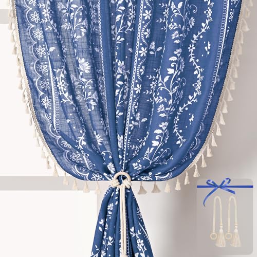 Image of Yinhua Boho Curtains for Living Room 84 Inch Length Vintage Linen Blue Curtains for Bedroom Light Filtering Floral Window Curtain Rod Pocket & Back Tabs Farmhouse Rustic Tassel Drapes with Tiebacks