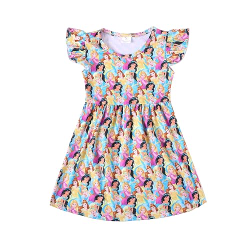 Toddler Kids Girls Princess Dress Cartoon Pink Flutter Sleeve Dresses 2-8Y